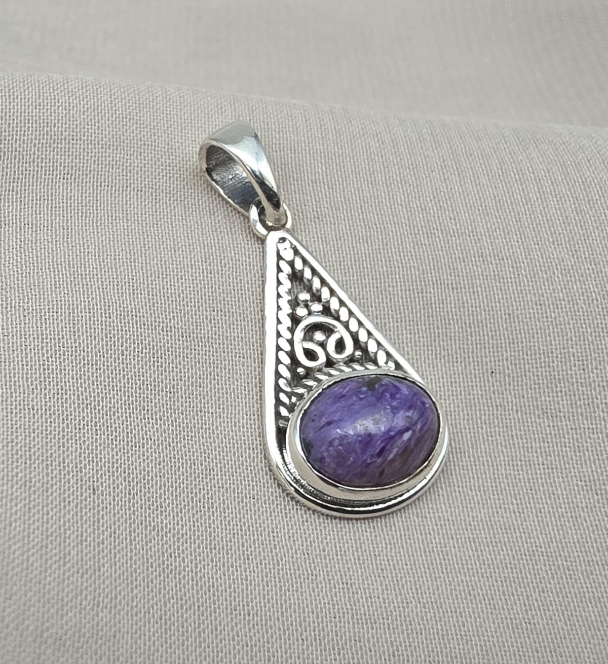 Handmade Charoite 925 Sterling Silver Pendant: Purple Gemstone Boho Necklace
