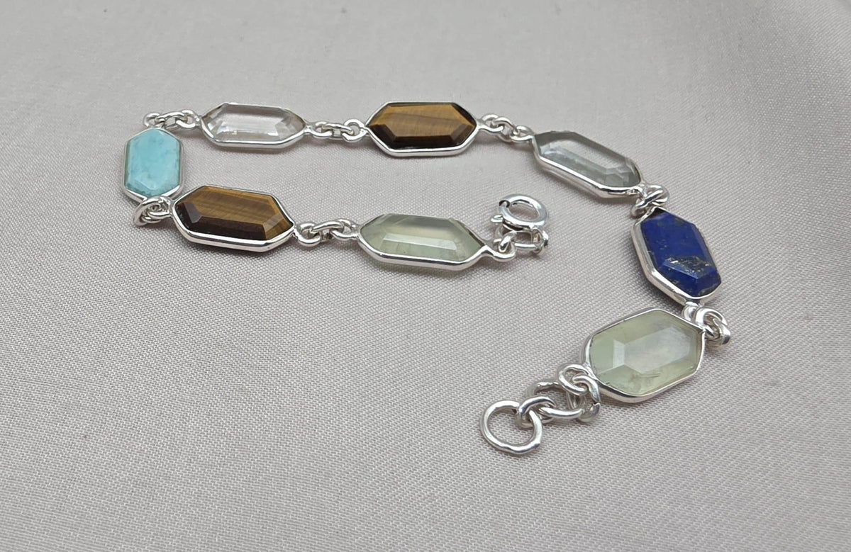 Multi Gemstone Bracelet 925 Silver Colorful Stone Jewelry Hexagon Gemstone Gift for Her
