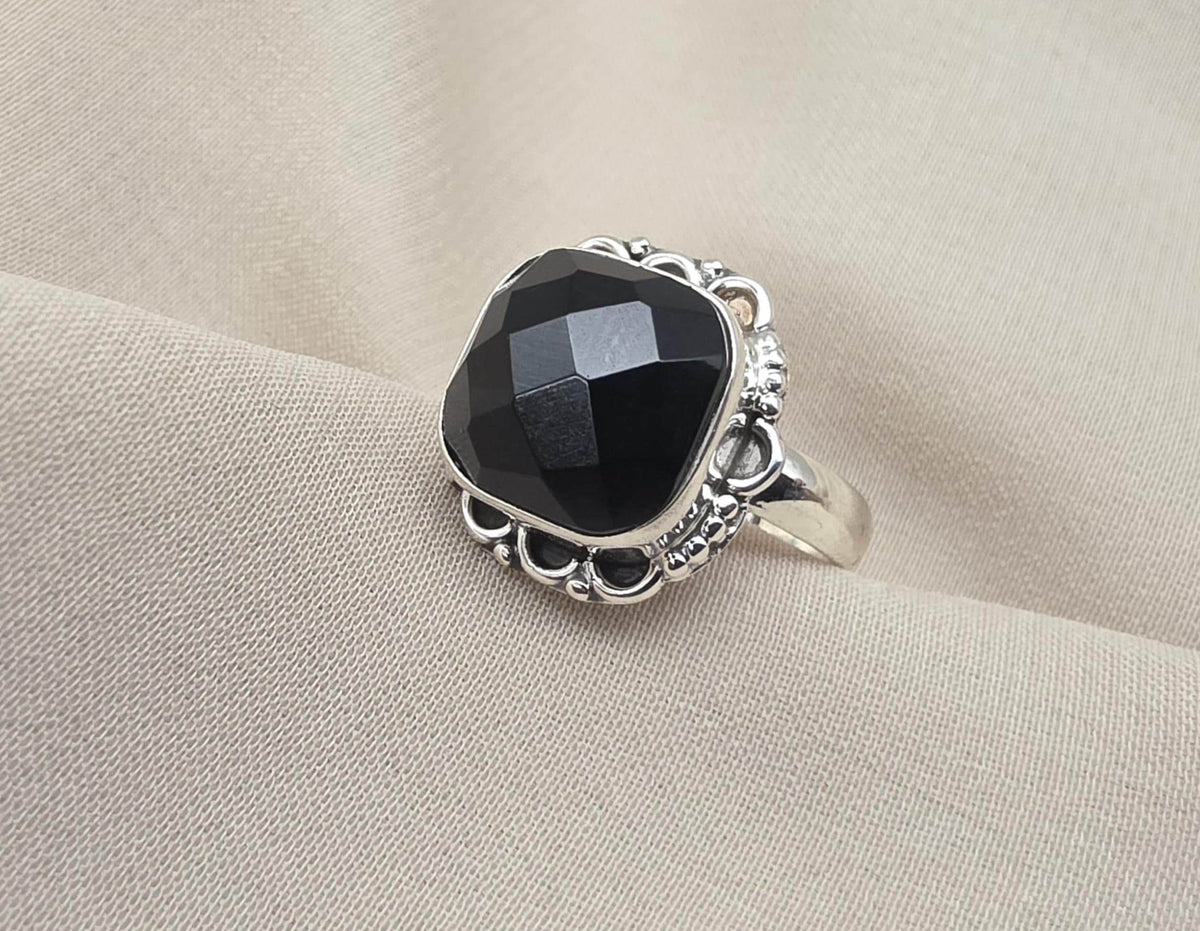 925 Sterling Silver Black Onyx Ring Cushion Cut Natural Gemstone Handmade Vintage Style Gift
