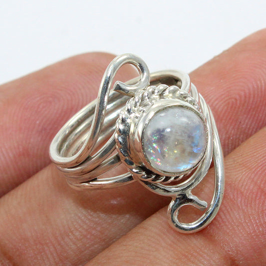 925 SOLID STERLING SILVER NATURAL RAINBOW MOONSTONE GEMSTONES HANDMADE RING, ALL SIZES AVAILABLE