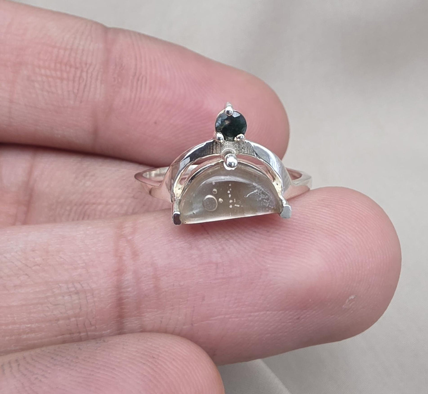 Mother of Pearl Doublet  Ring 925 Sterling Silver Dual Stone Moss Agate Statement Ring