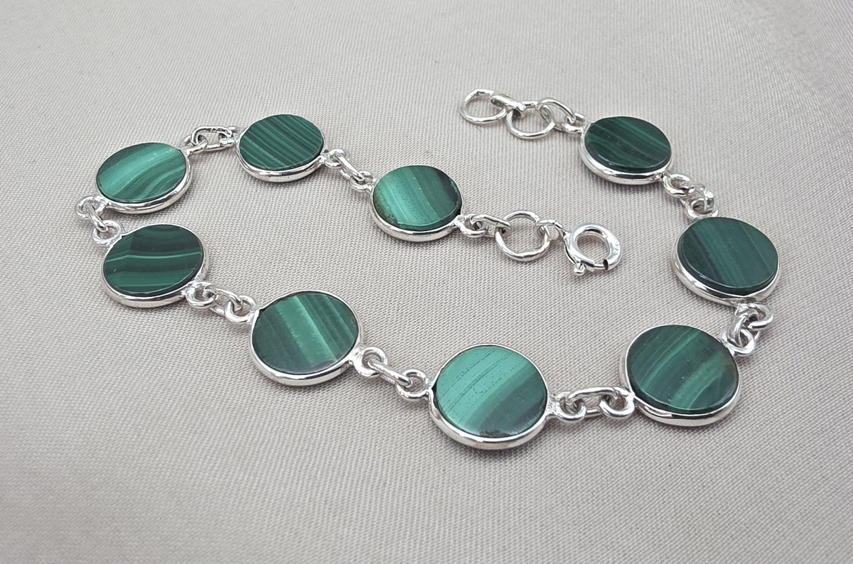 Malachite Bracelet 925 Sterling Silver Round Cabochon Green Gemstone Link Bracelet Handmade Jewelry