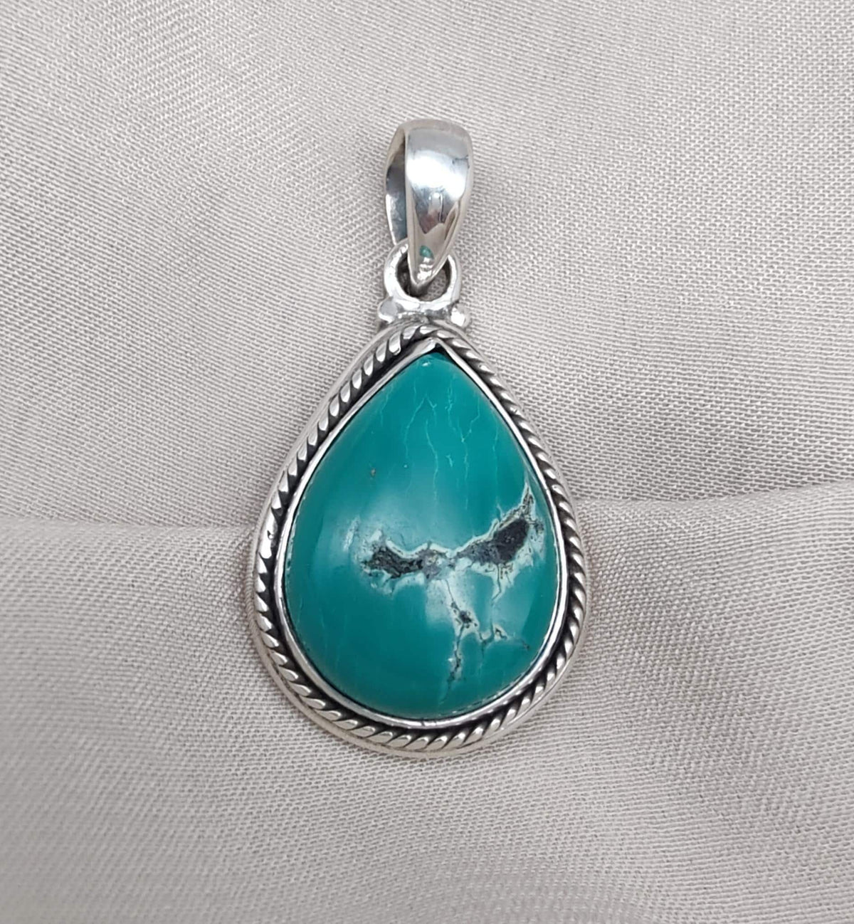 Tibetan Turquoise Pear Pendant: Sterling Silver Boho Necklace
