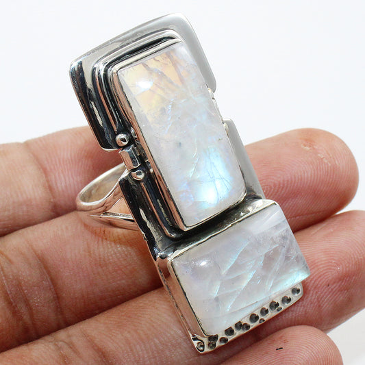 925 SOLID STERLING SILVER NATURAL RAINBOW MOONSTONE GEMSTONES HANDMADE RING, ALL SIZES AVAILABLE
