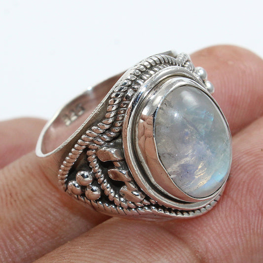 925 SOLID STERLING SILVER NATURAL RAINBOW MOONSTONE GEMSTONES HANDMADE RING, ALL SIZES AVAILABLE