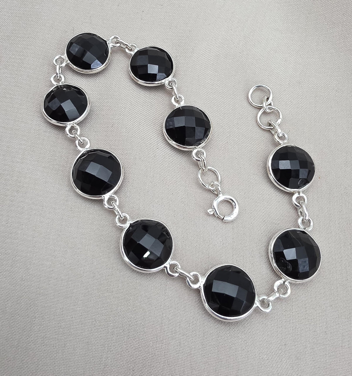 Black Onyx Bracelet 925 Sterling Silver Faceted Round Stone Link Bracelet Handmade Jewelry