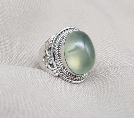 Prehnite 925 Sterling Silver Ring: Handmade Boho Healing Crystal