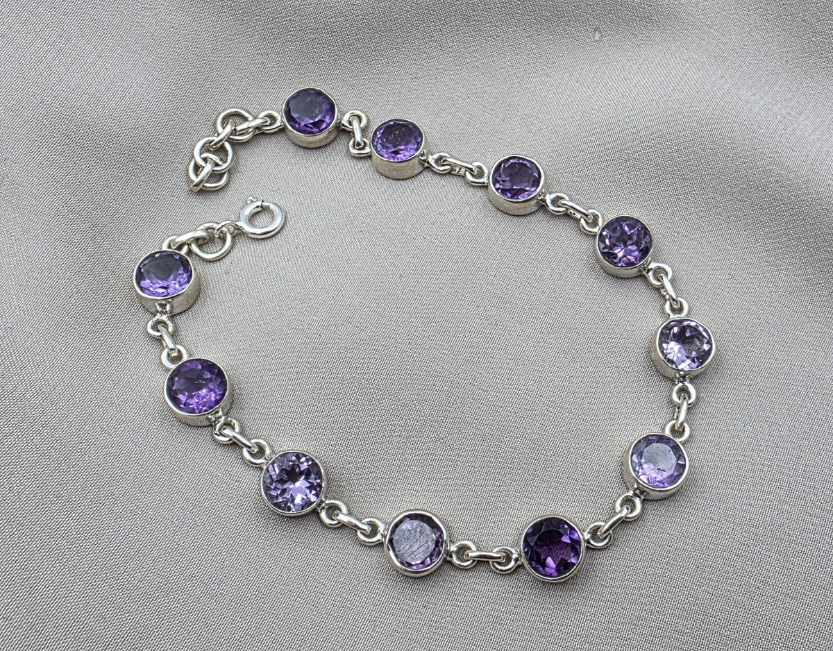 Amethyst 925 Sterling Silver Gemstone Bracelet Natural Purple Gemstone Oval Link Jewelry
