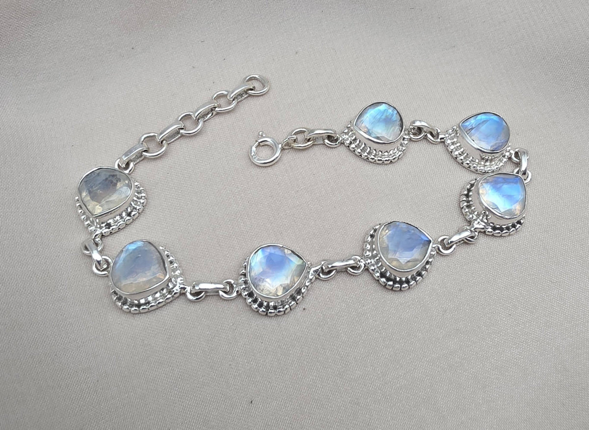 Rainbow Moonstone 925 Sterling Silver Bracelet Natural Handmade