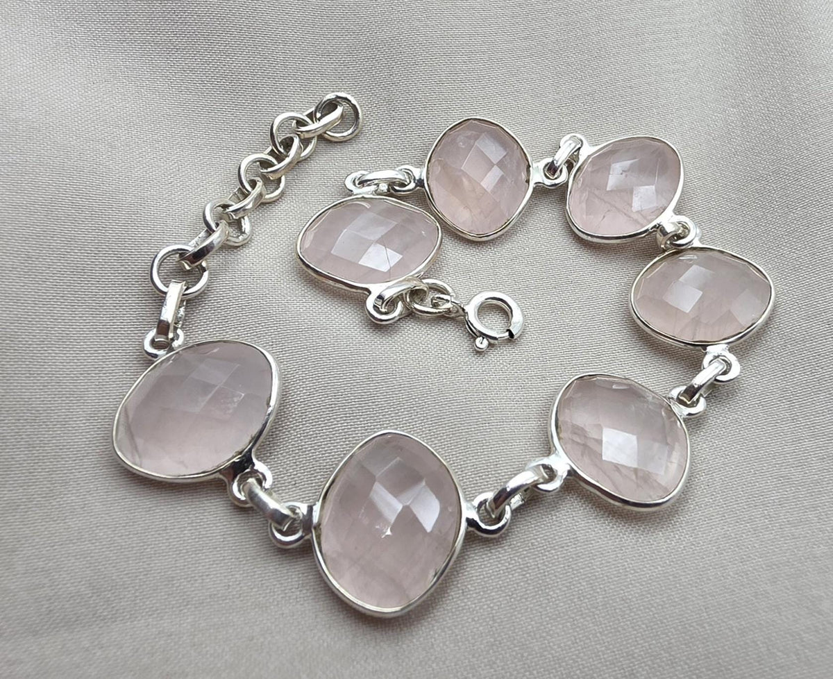 925 Sterling Silver Rose Quartz Natural Gemstone Link Bracelet Handmade Jewelry Gift for Her