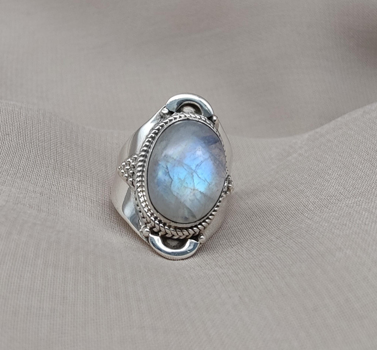 Rainbow Moonstone Ring: Sterling Silver Statement Jewelry, Artisan Boho Design