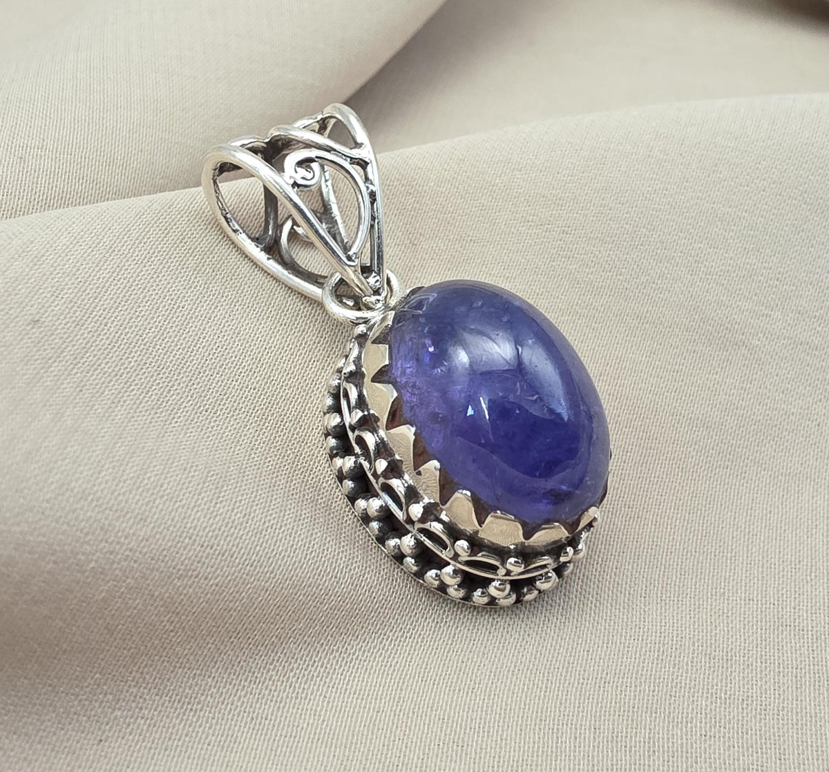 Natural Tanzanite Cabochon Pendant 925 Sterling Silver Handmade Blue Violet Gemstone Jewelry Gift