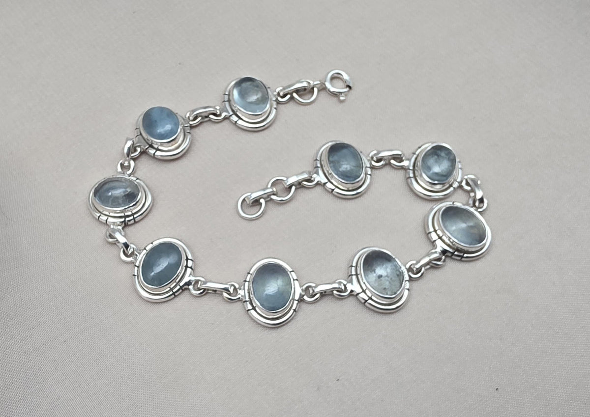 925 Sterling Silver Aqua Milky Gemstone Bracelet Natural Blue Cabochon Handmade Jewelry