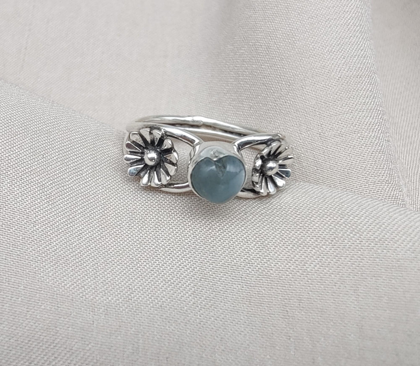 Aquamarine Heart Ring 925 Sterling Silver Floral Boho Ring