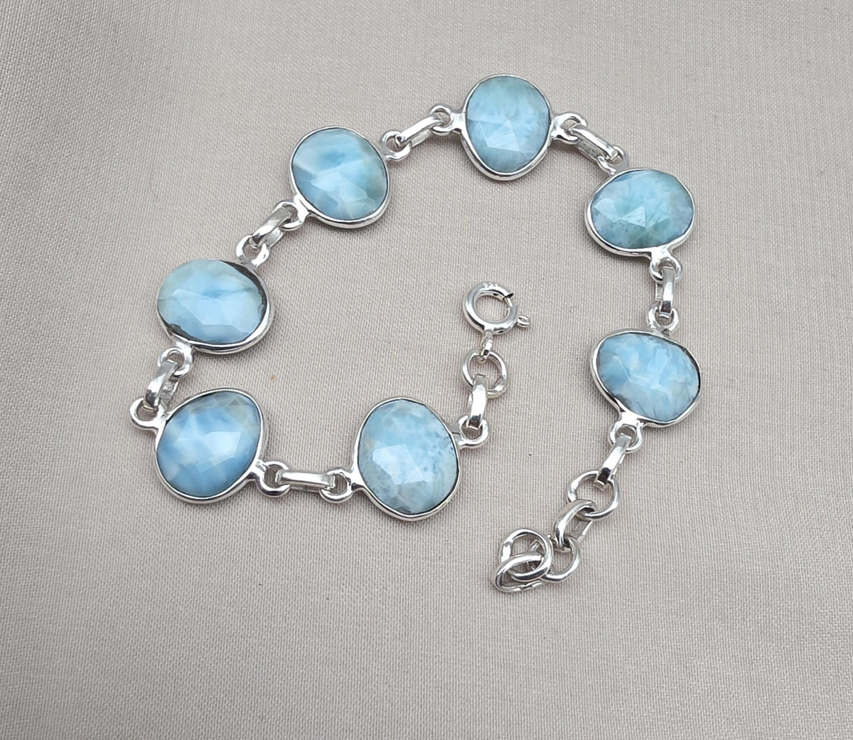 Natural Larimar Handmade  Bracelet : 925 Sterling Silver Blue Gemstone Adjustable Bracelet
