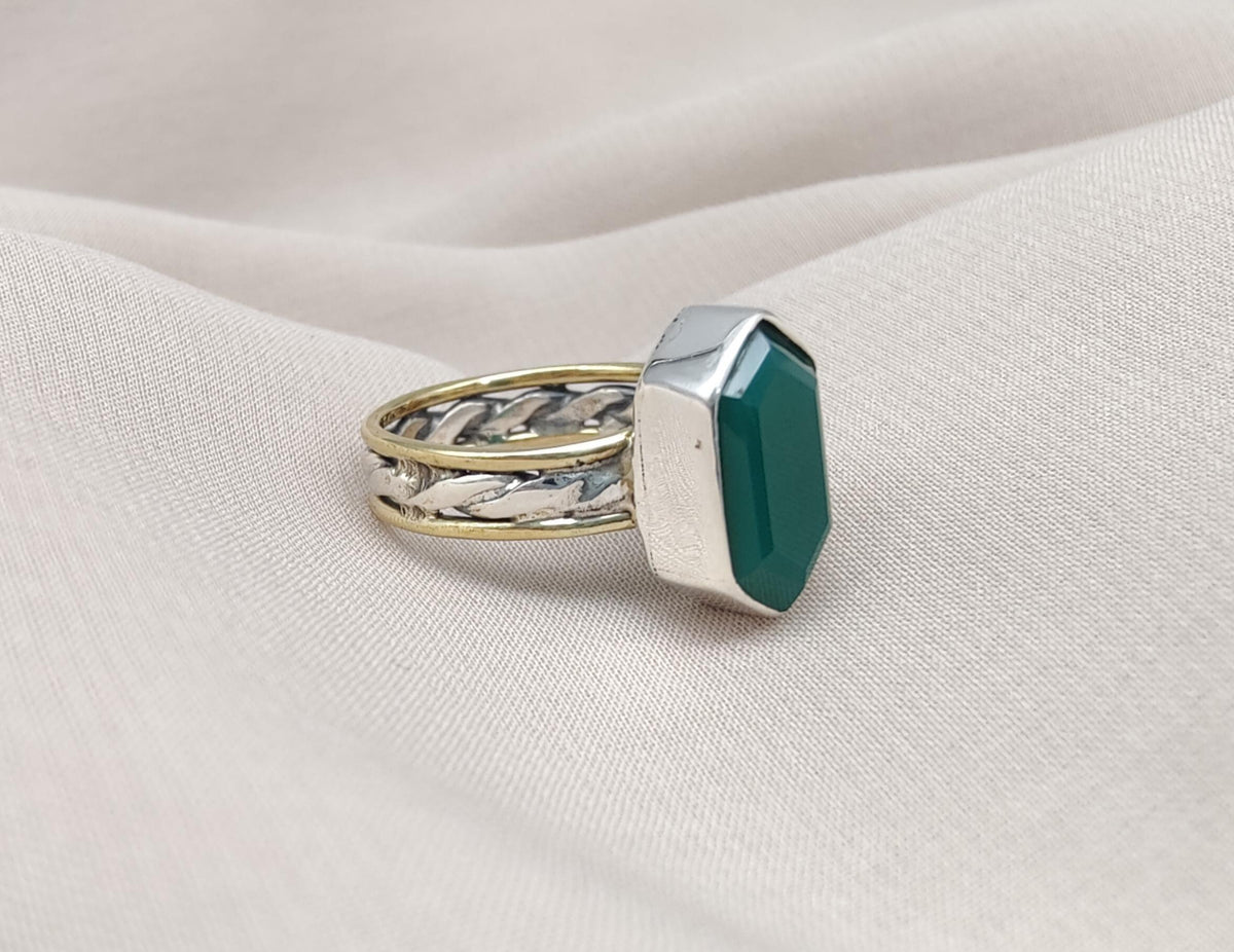 Green Onyx Sterling Silver Ring: Handmade Dual-Tone Band, Hexagon Cut