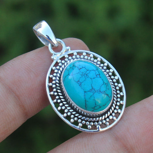 925 SOLID STERLING SILVER NATURAL TIBETAN TURQUOISE GEMSTONE PENDANT