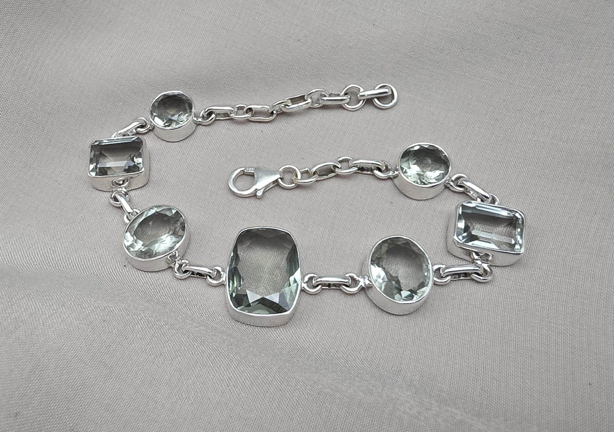 925 Sterling Silver Green Amethyst Bracelet Multi Shape Gemstone Elegant Statement Bracelet for Women