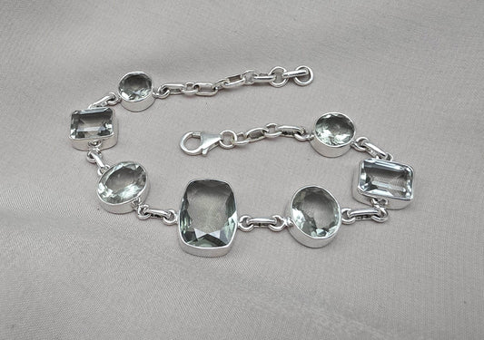 925 Sterling Silver Green Amethyst Bracelet Multi Shape Gemstone Elegant Statement Bracelet for Women