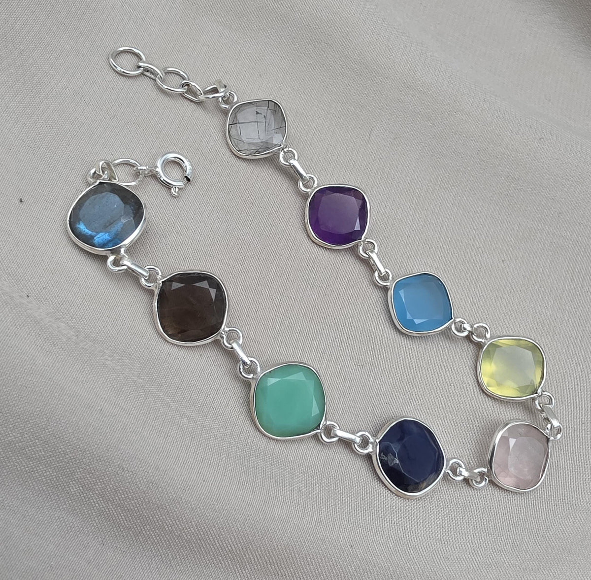 925 Sterling Silver Multi Stone Bracelet Natural Gemstone Cushion Link Jewelry