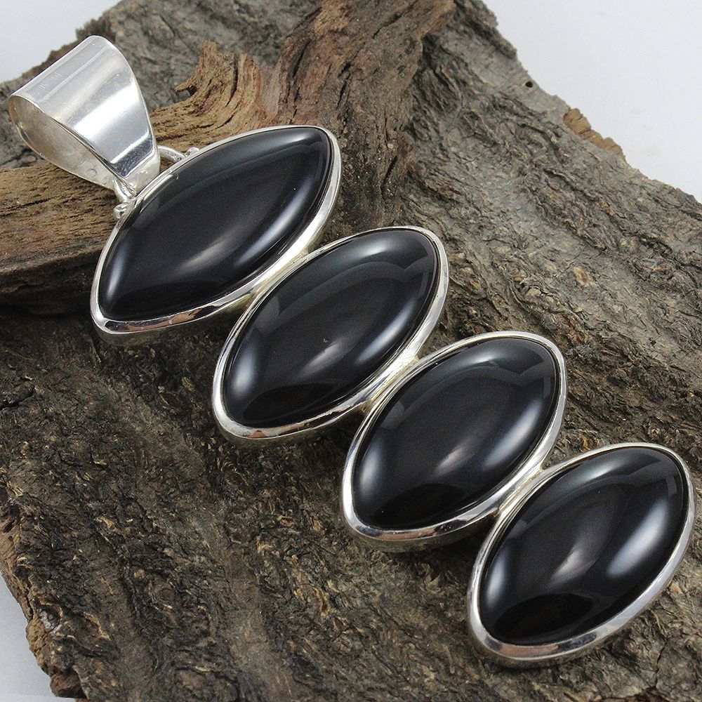 925 SOLID STERLING SILVER NATURAL BLACK ONYX MULTI STONES PENDANT