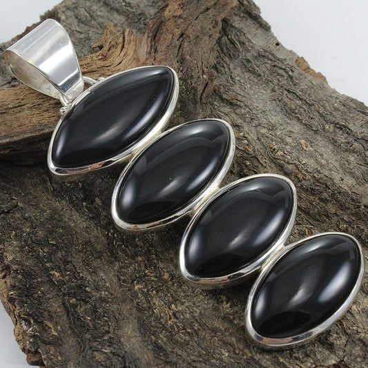925 SOLID STERLING SILVER NATURAL BLACK ONYX MULTI STONES PENDANT