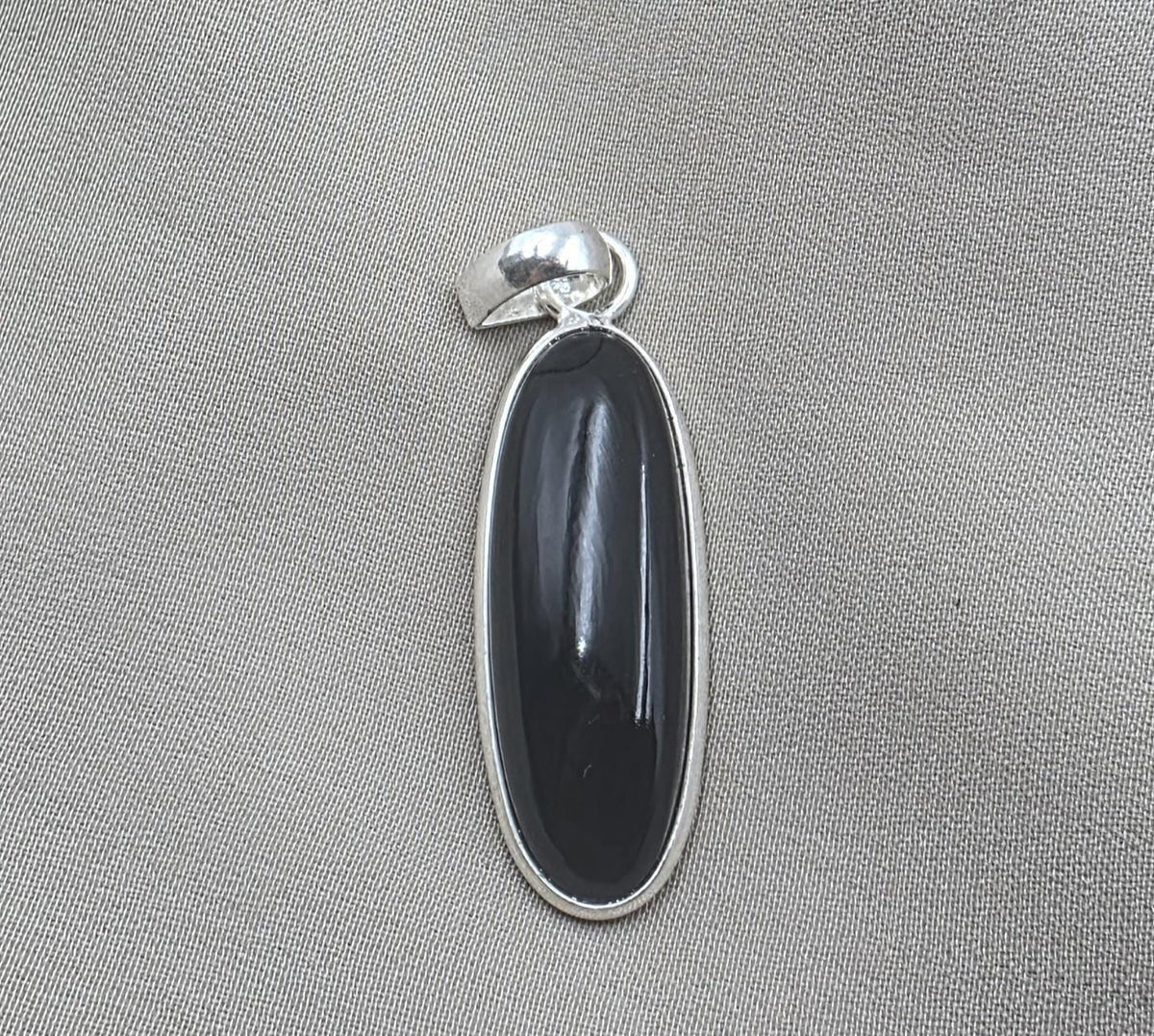 925 Sterling Silver Black Onyx Pendant, Long Oval Cabochon Gemstone Necklace