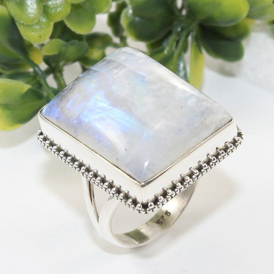 925 SOLID STERLING SILVER NATURAL RAINBOW MOONSTONE GEMSTONES HANDMADE RING, ALL SIZES AVAILABLE