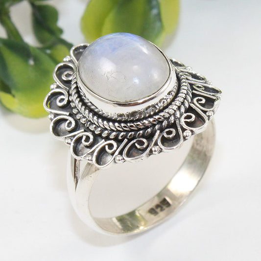 925 SOLID STERLING SILVER NATURAL RAINBOW MOONSTONE GEMSTONES HANDMADE RING, ALL SIZES AVAILABLE