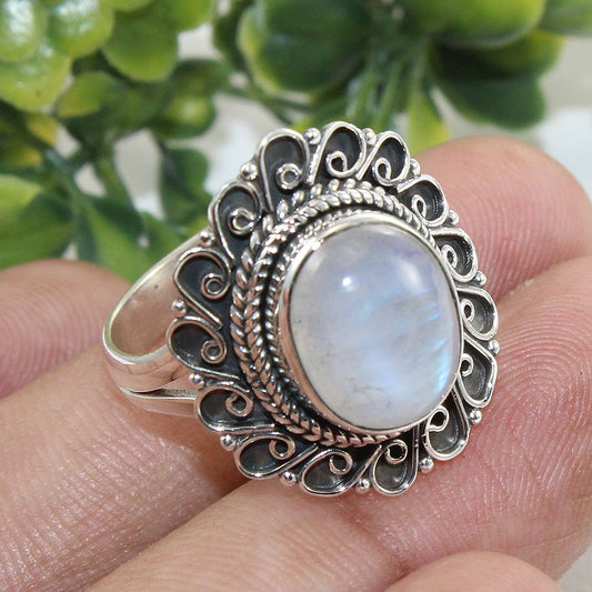 925 SOLID STERLING SILVER NATURAL RAINBOW MOONSTONE GEMSTONES HANDMADE RING, ALL SIZES AVAILABLE