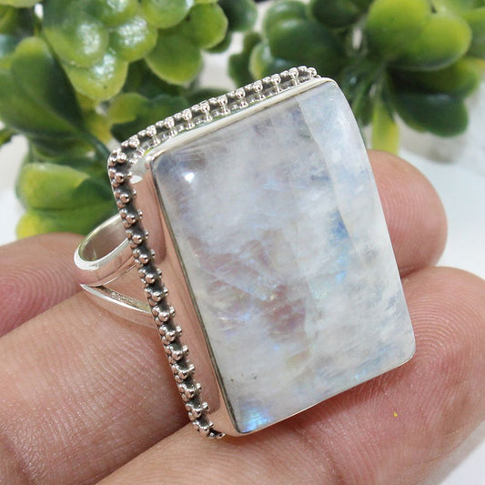 925 SOLID STERLING SILVER NATURAL RAINBOW MOONSTONE GEMSTONES HANDMADE RING, ALL SIZES AVAILABLE