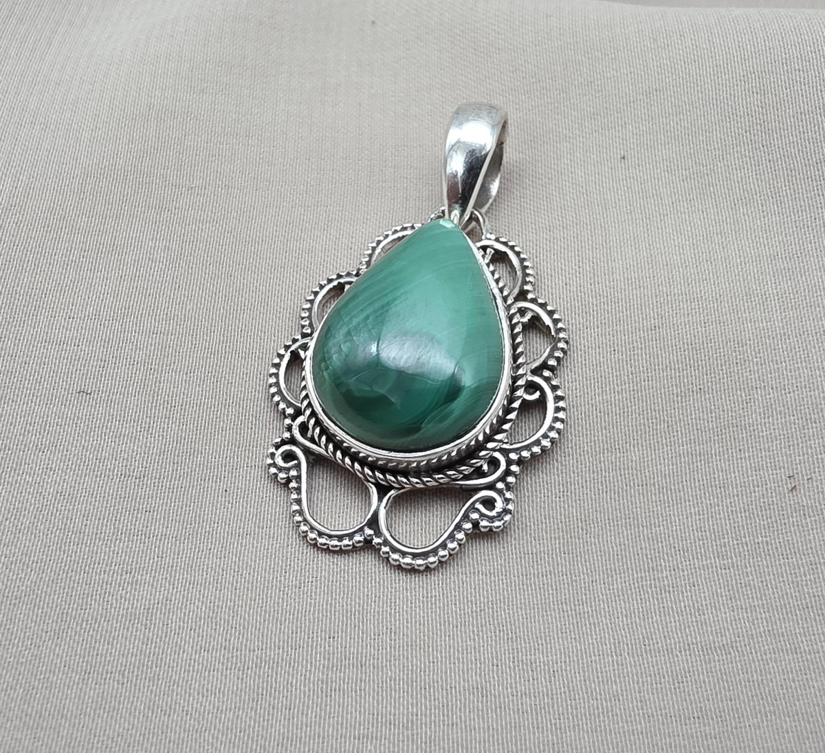Teardrop Malachite Pendant: 925 Sterling Silver Healing Crystal Necklace