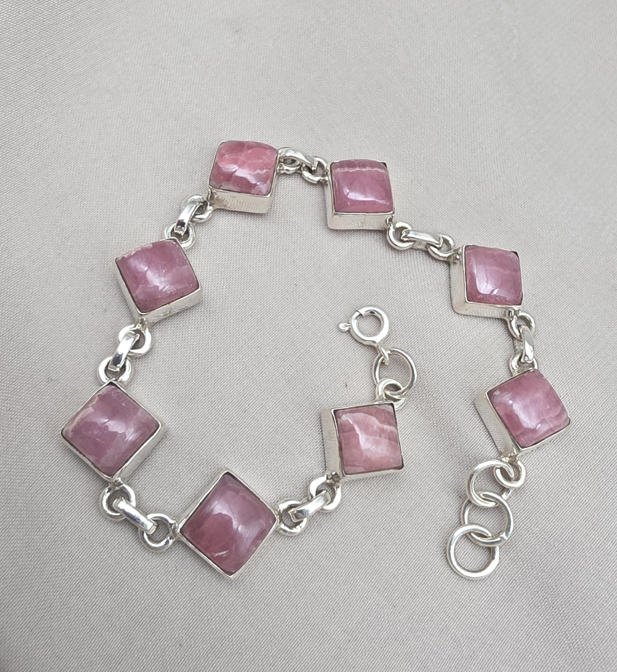 925 Sterling Silver Rhodochrosite Bracelet Pink Gemstone Square Link Bracelet Gift for Her