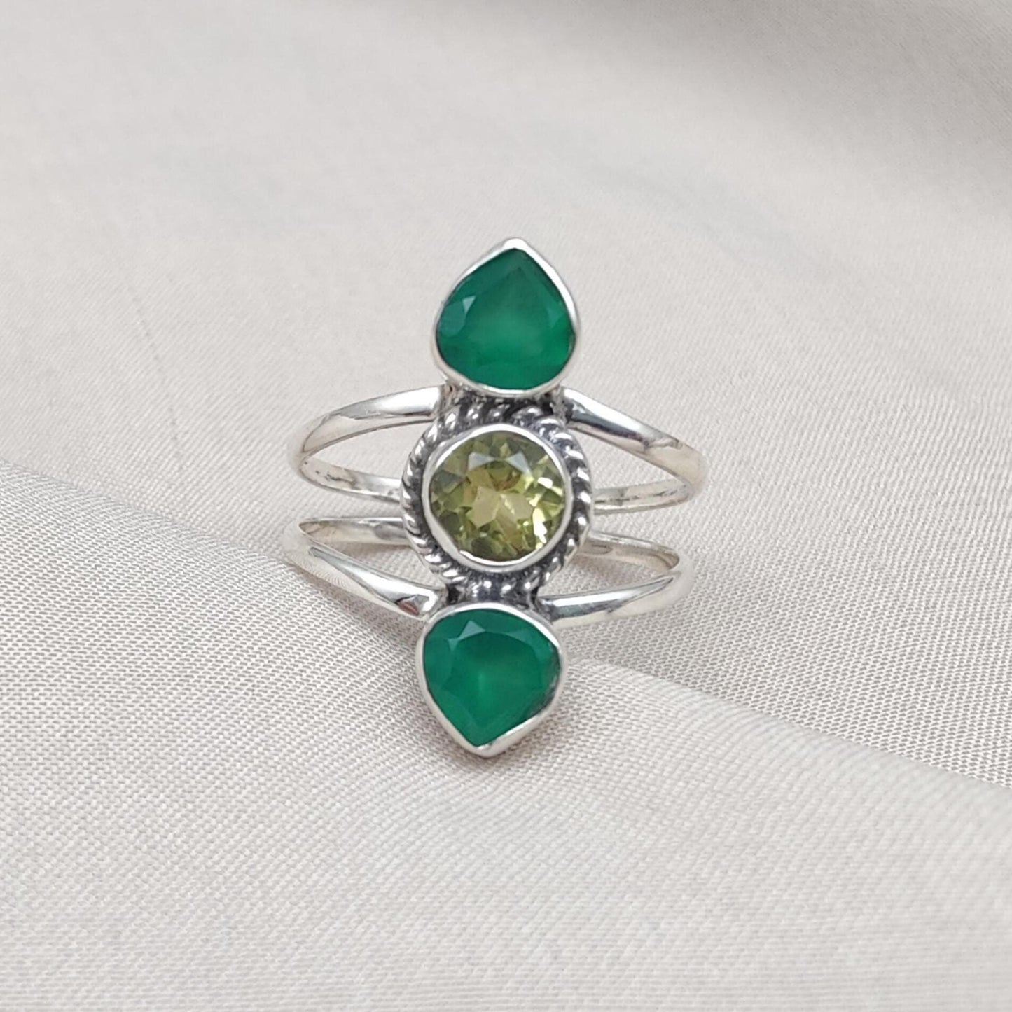 Green Onyx & Lemon Quartz 925 Sterling Silver Ring: Boho Statement Jewelry