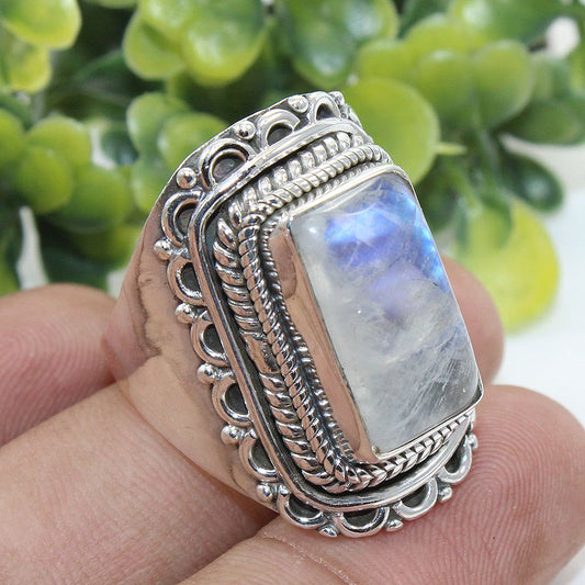 925 SOLID STERLING SILVER NATURAL RAINBOW MOONSTONE GEMSTONES HANDMADE RING, ALL SIZES AVAILABLE