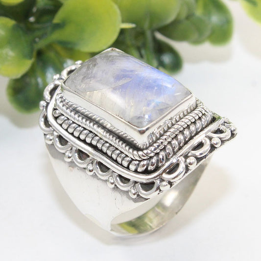 925 SOLID STERLING SILVER NATURAL RAINBOW MOONSTONE GEMSTONES HANDMADE RING, ALL SIZES AVAILABLE