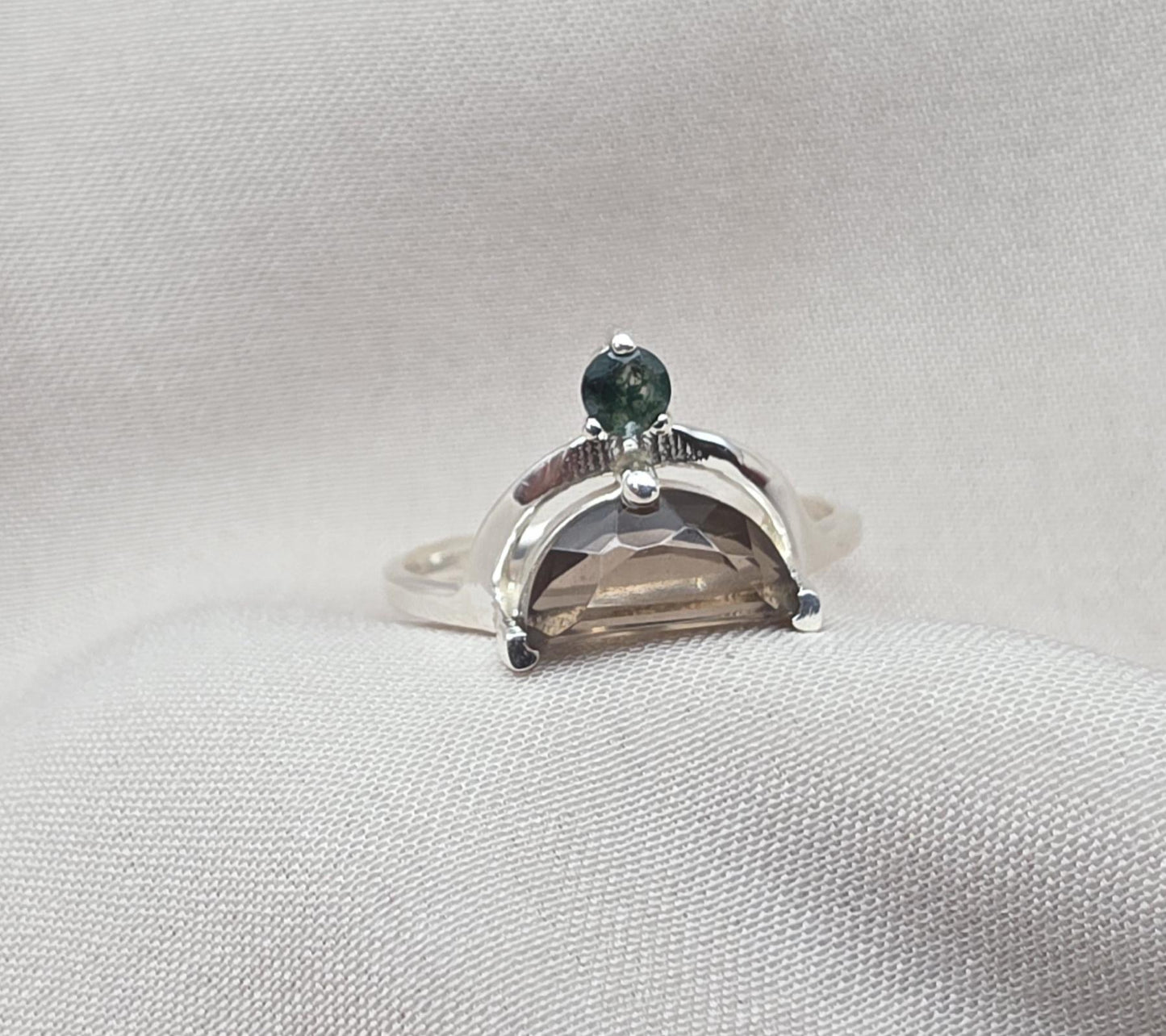 Smoky Quartz Ring 925 Silver Dual Stone Moss Agate Statement Ring Half Moon Jewelry