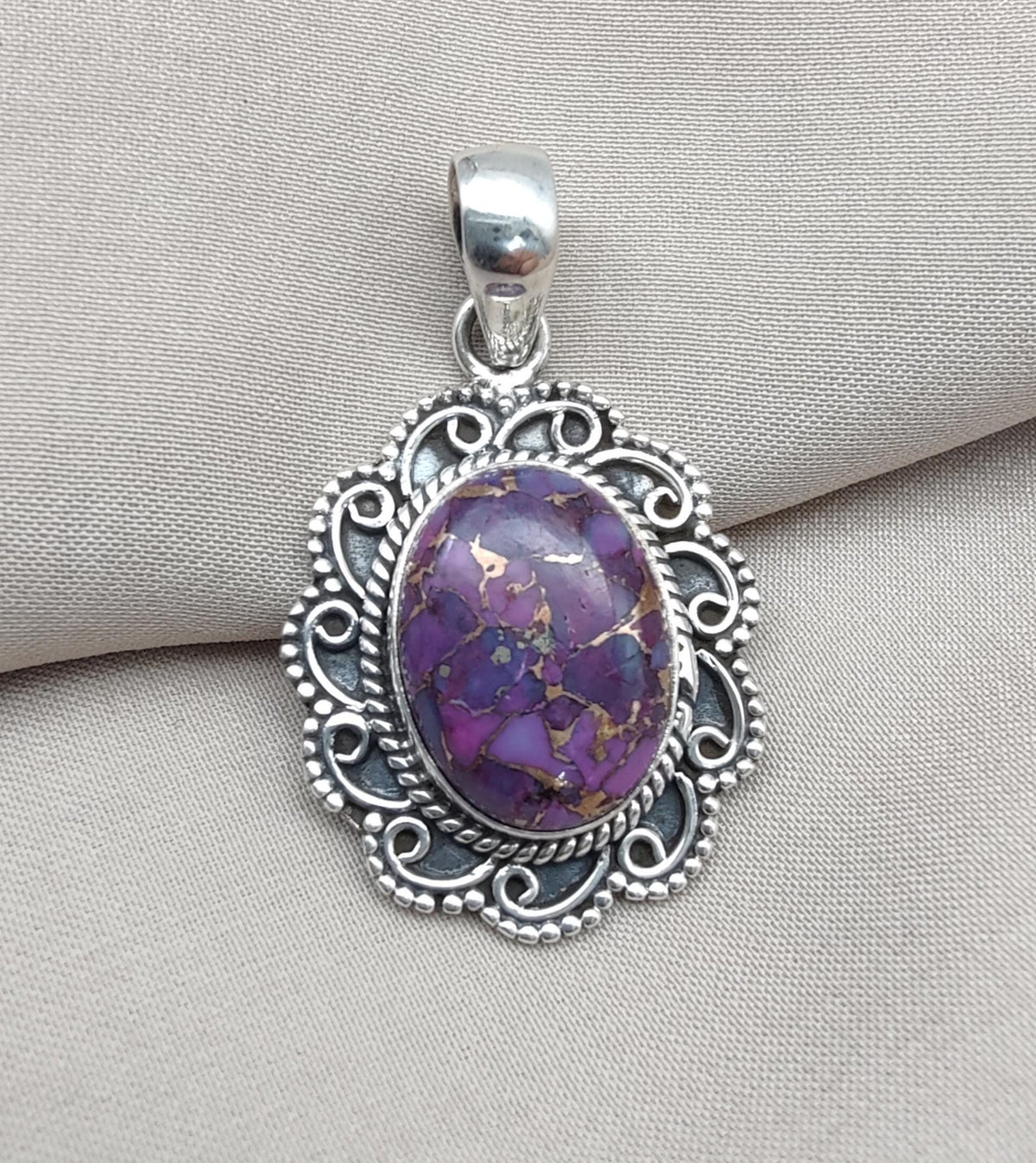 Purple Copper Turquoise Pendant: Sterling Silver Boho Statement Necklace