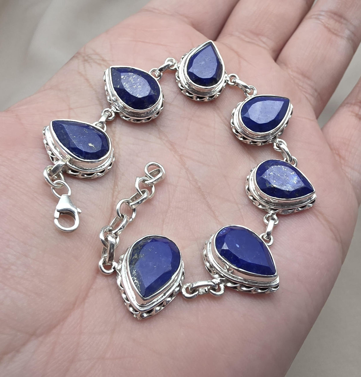925 Sterling Silver Lapis Lazuli Bracelet Natural Blue Pear Shape Gemstone Handmade Jewelry