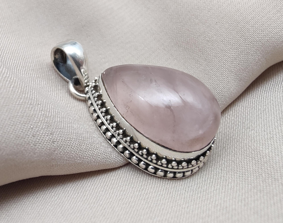 Rose Quartz Pendant: Teardrop Gemstone, 925 Sterling Silver Bezel Gift for Love