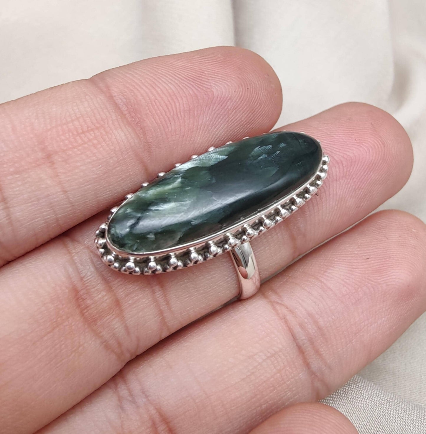 Seraphinite 925 Sterling Silver Ring Handmade Boho Vintage Statement Jewelry