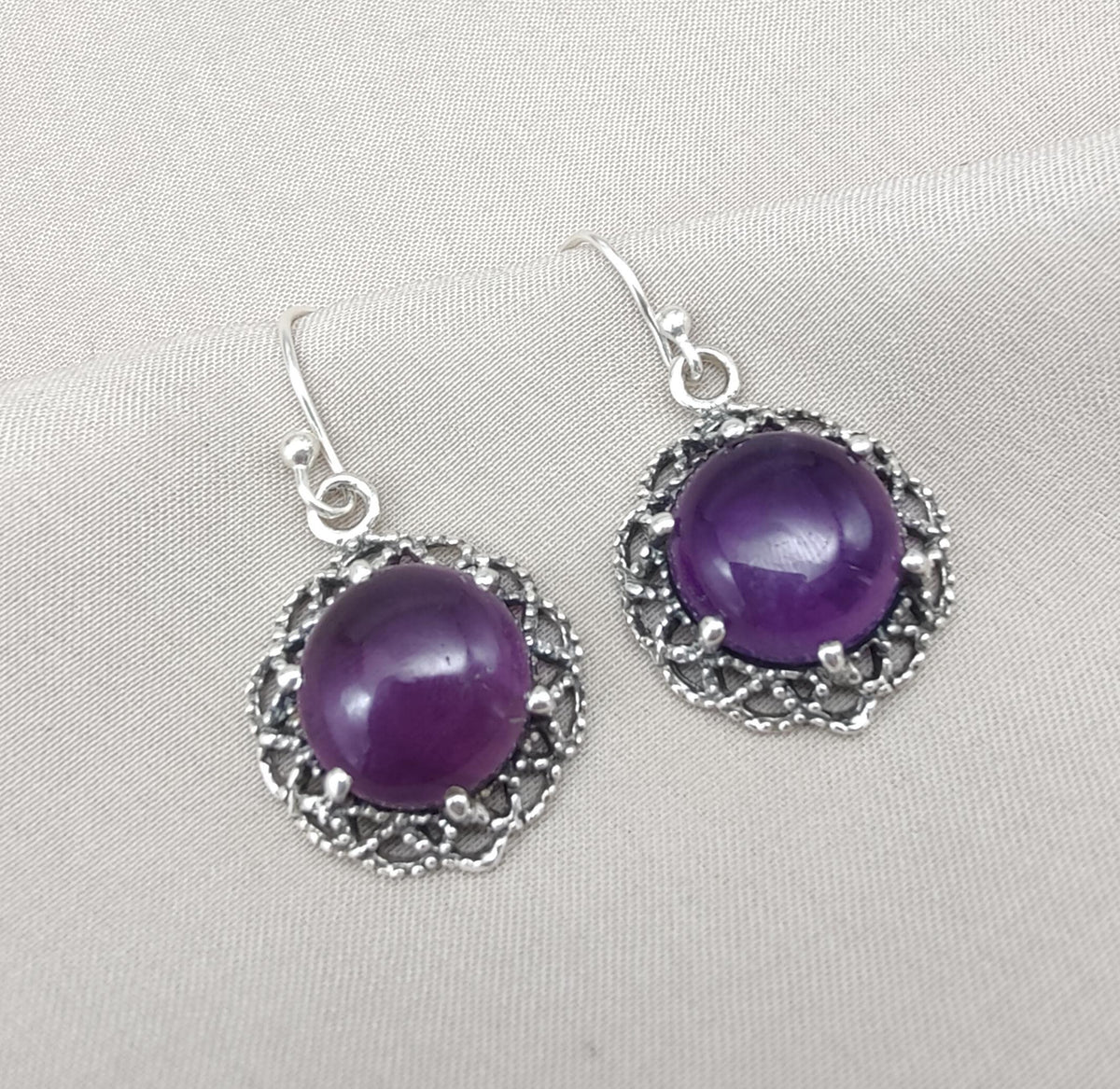 Amethyst 925 Sterling Silver Round Drop Dainty Earrings Boho Jewelry