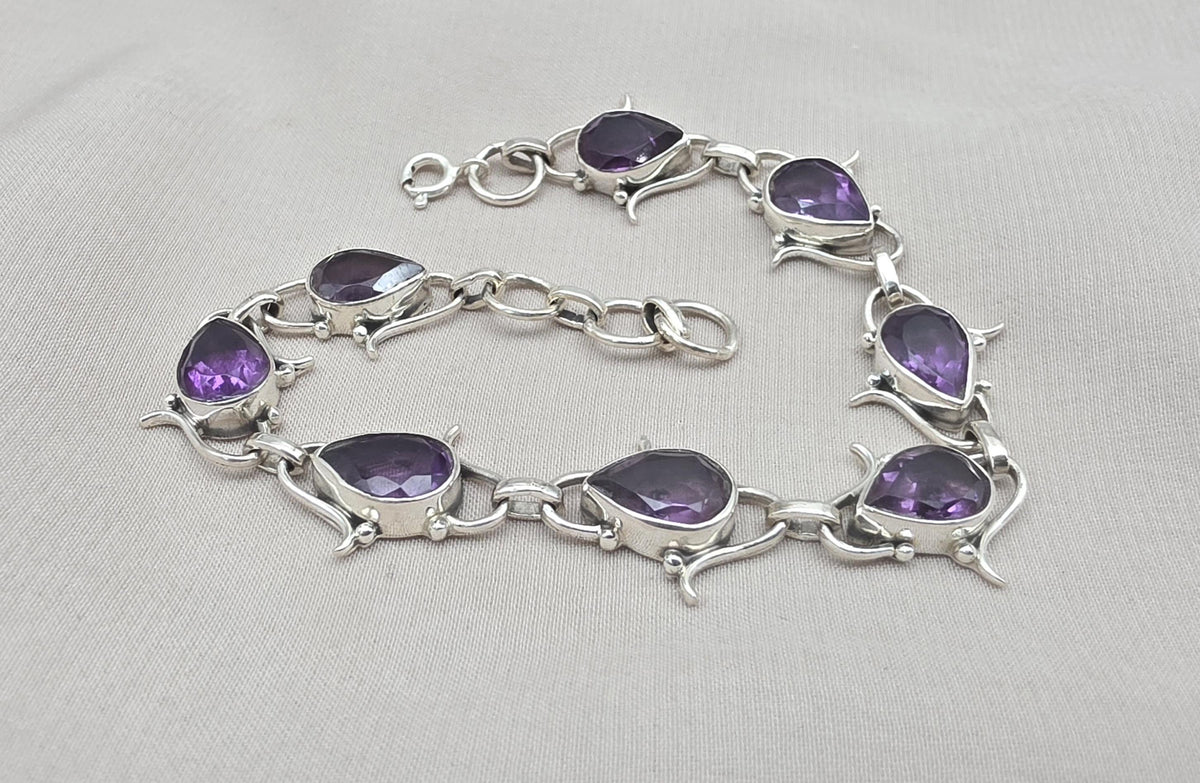 925 Sterling Silver Amethyst Bracelet Pear Shape Purple Gemstone Link Bracelet Gift for Her