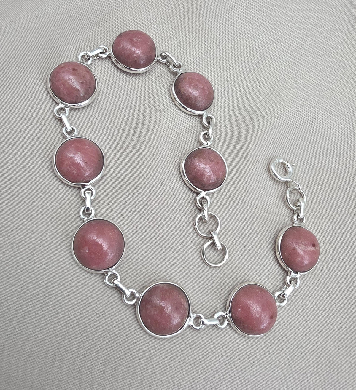 Rhodochrosite Bracelet 925 Sterling Silver Round Cabochon Pink Gemstone Link Bracelet Handmade Jewelry