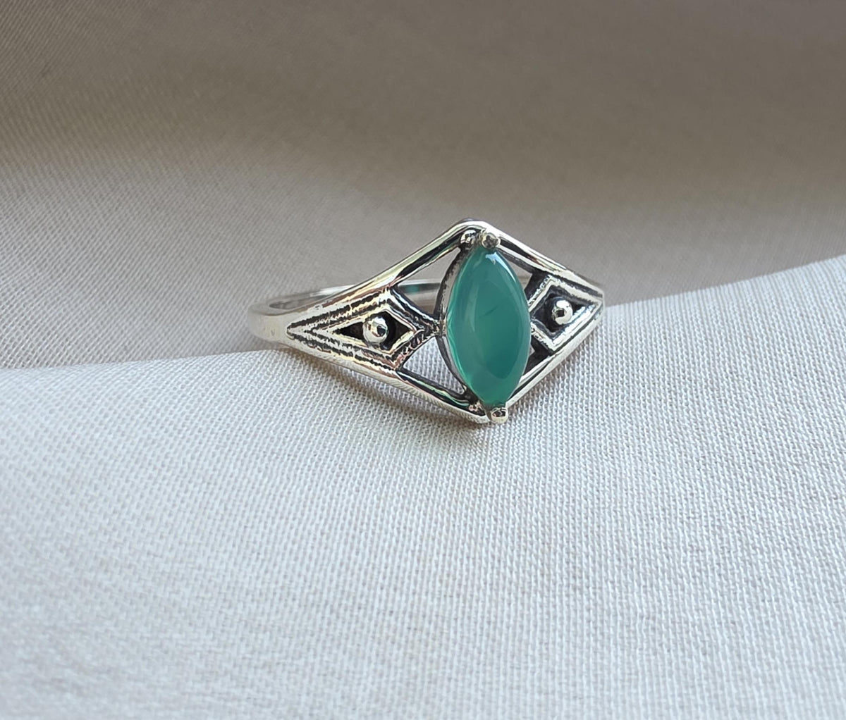 Green Onyx Ring Marquise Cut 925 Sterling Silver Boho Geometric Statement Jewelry