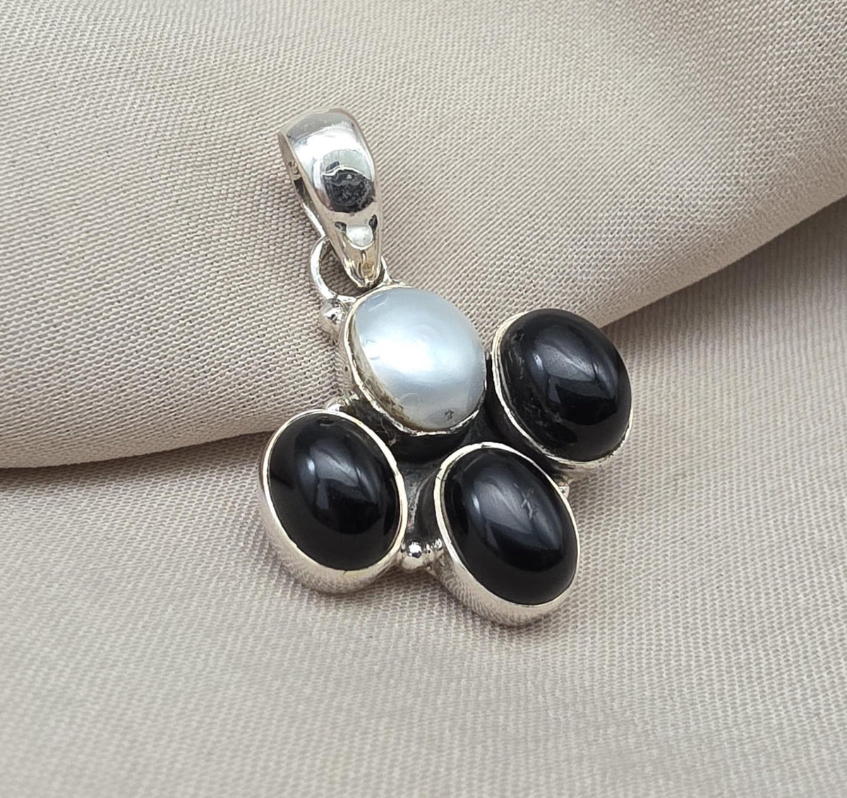 Black Onyx & Mother of Pearl 925 Sterling Silver Pendant: Handmade Boho Necklace