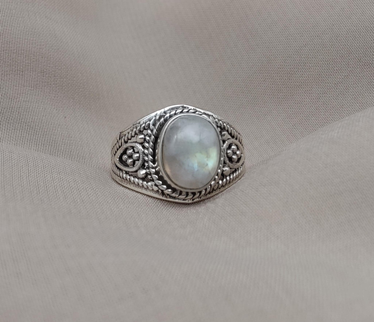 Rainbow Moonstone Ring: Oxidized 925 Sterling Silver, Boho Floral Design