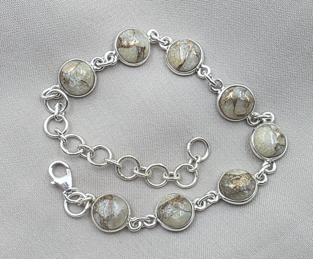 925 Sterling Silver Copper Calcite Bracelet Natural Round Gemstone Link Bracelet Gift for Her