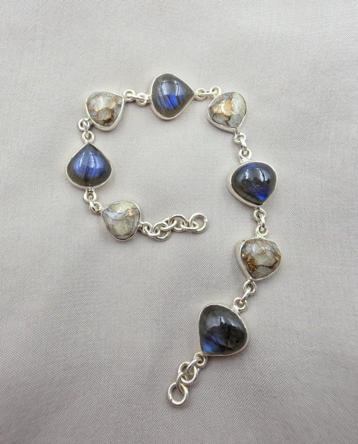 925 Sterling Silver Labradorite & Copper Calcite Bracelet Natural Gemstone Link Bracelet Handmade Boho Jewelry