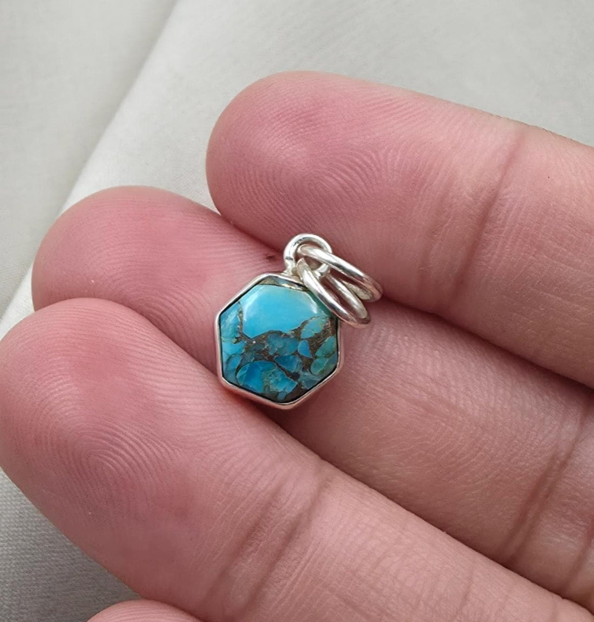 925 Sterling Silver Blue Copper Turquoise Hexagon Pendant Handmade Jewelry